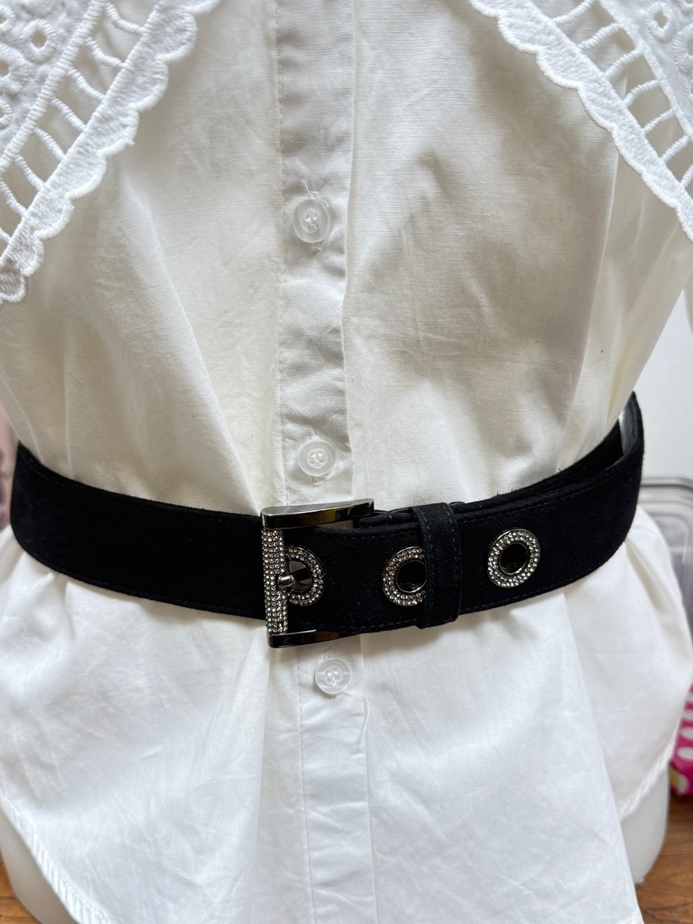 Prada Black Suede Belt with Crystal-Studded Buckle